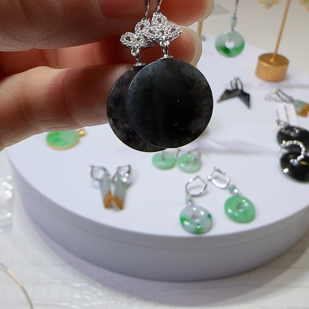 翡翠耳饰银S925镶嵌天然缅甸a货翡翠