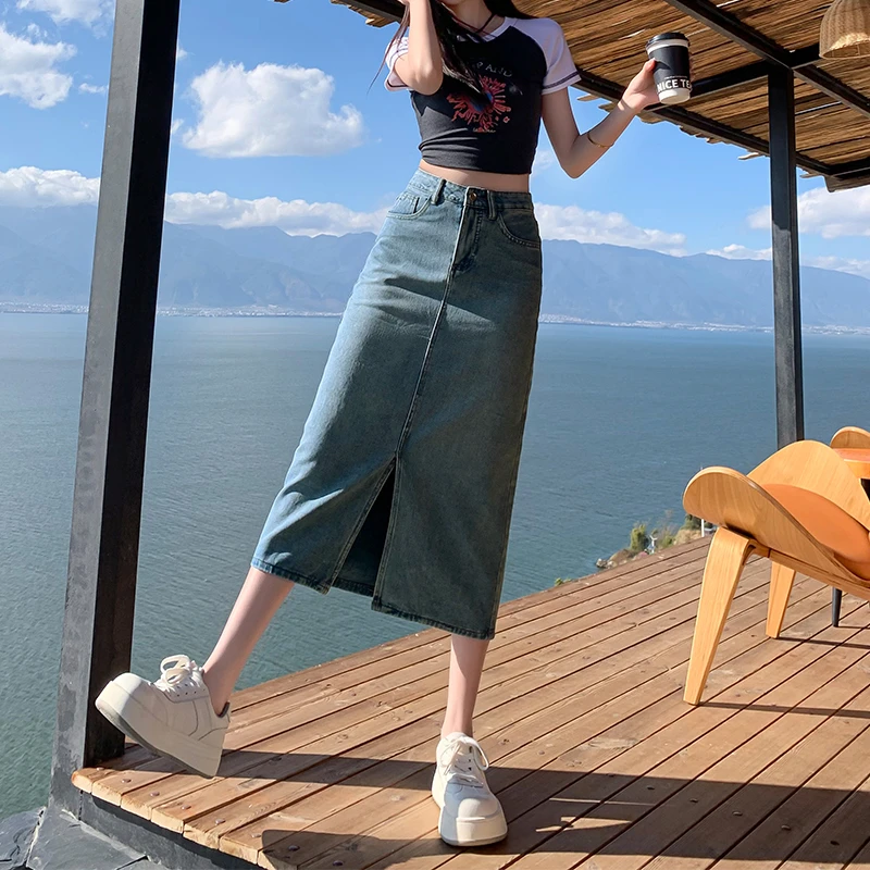 高腰显瘦中长款牛仔半身裙女春夏季百搭修身开衩包臀牛仔裤设计感