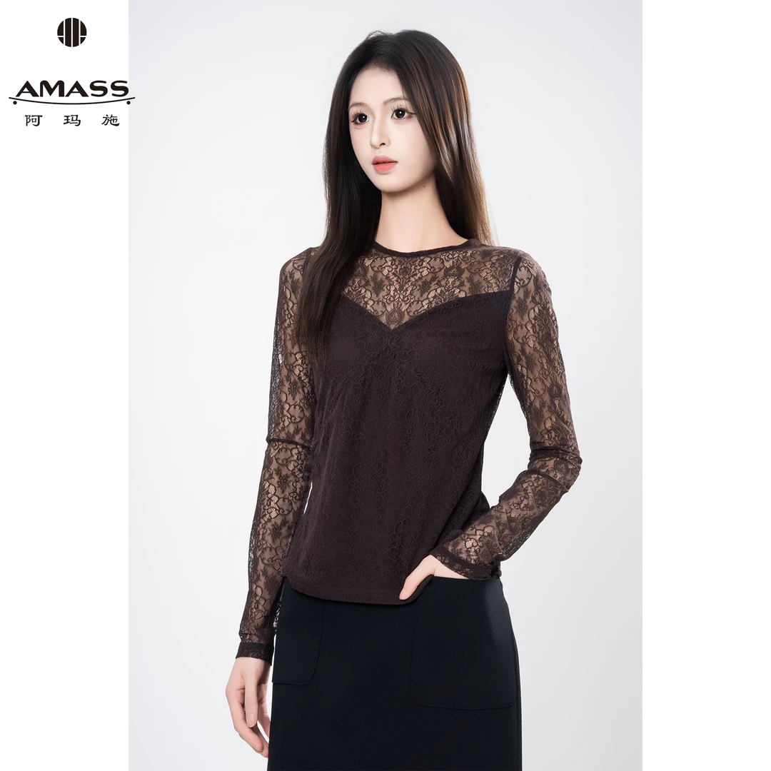 AMASS/阿玛施早春新款时尚气质镂空设计蕾丝圆领长袖打底衫530002