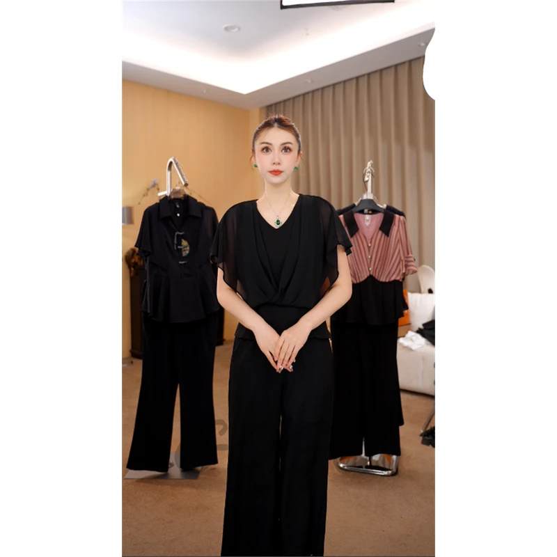 G6990高端时尚洋气减龄雪纺阔腿裤两件套装女夏季2025新款套装