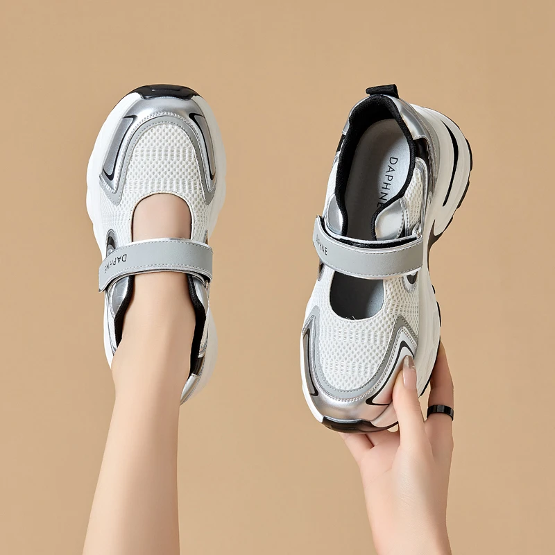 A148魔术贴运动女鞋2025春新款拼色网布浅口单鞋厚底老爹鞋