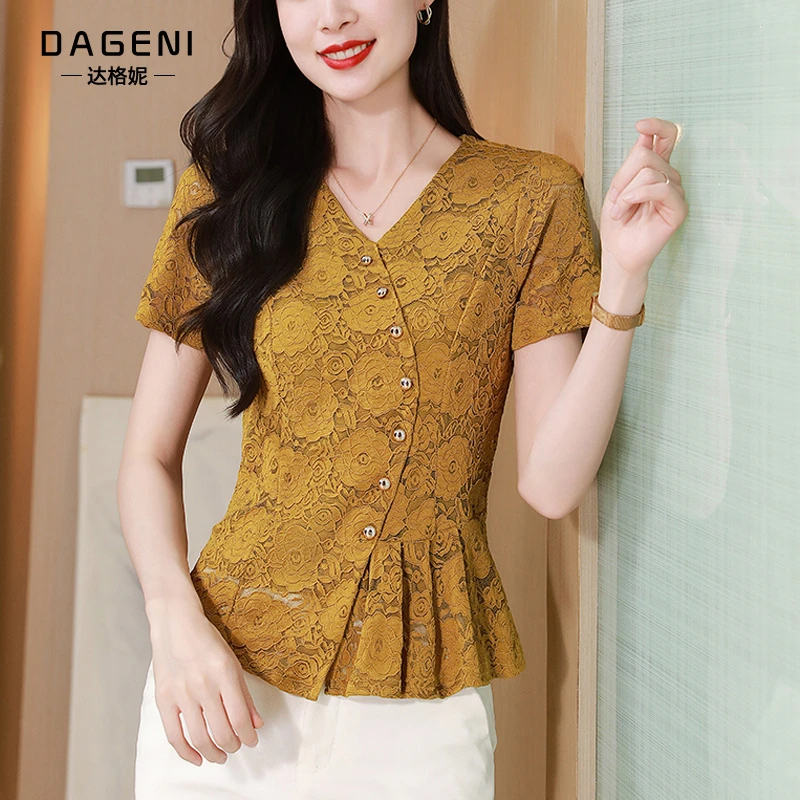 高级感蕾丝短袖v领上衣女2025夏季新款时尚收腰遮肚显瘦半袖小衫