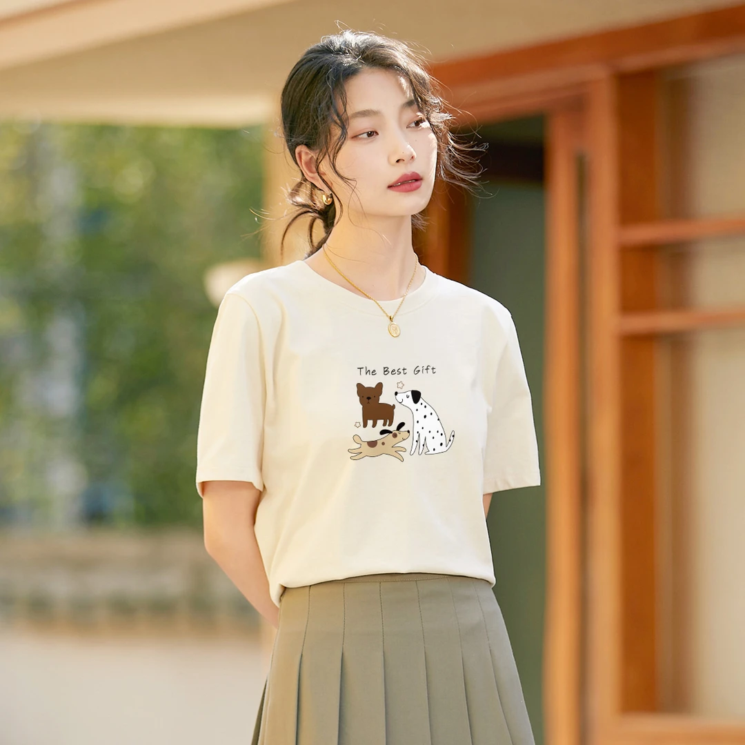 茵曼夏季纯棉短袖t恤女凉感透气可爱小狗印花宽松百搭白色半袖潮