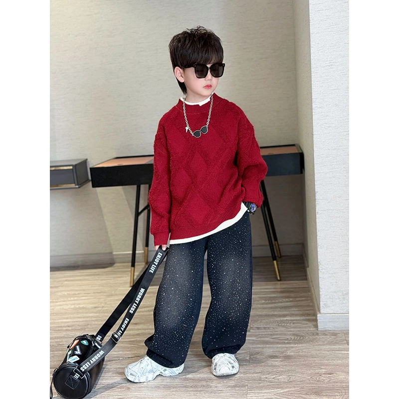 男童冬季新款时尚圆领长袖针织衫纯色毛巾绣菱格保暖毛衣中大童