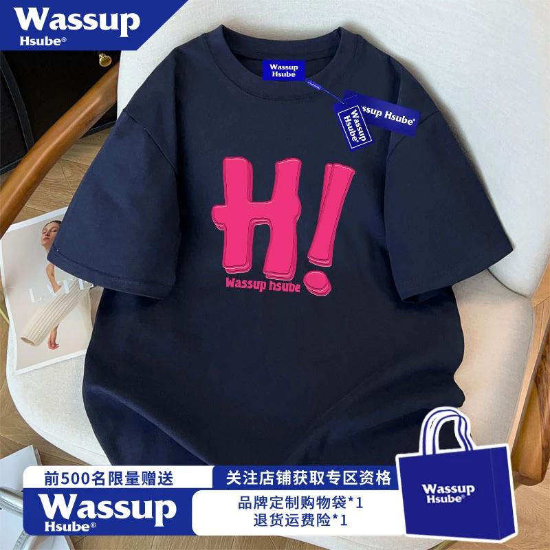 WASSUP HSUBE夏季高街百搭重磅上衣美式潮牌字母印花藏青色短袖男