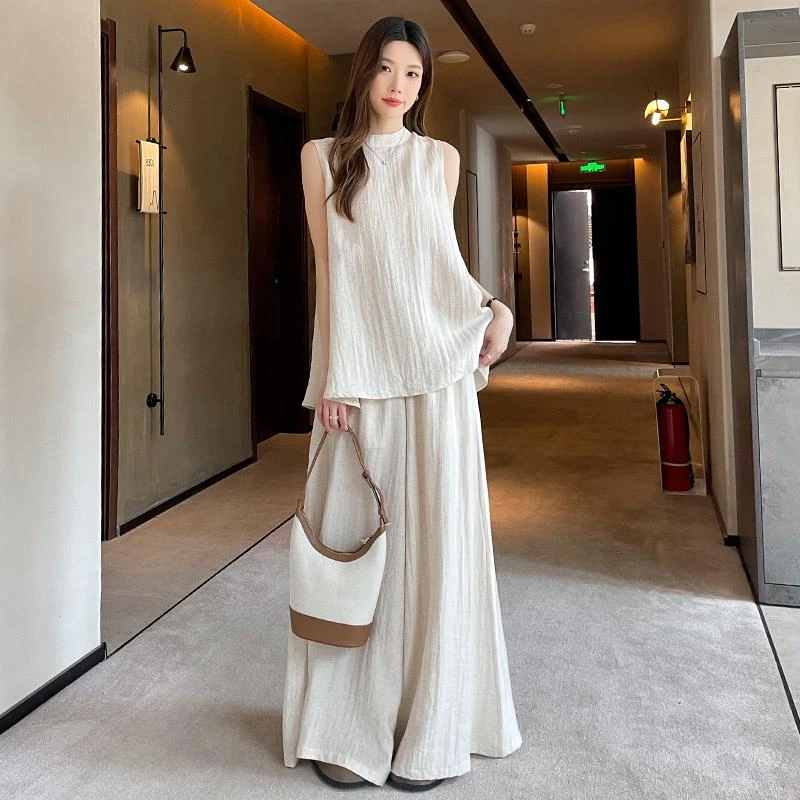 亚麻休闲时尚宽松套装女2025夏季新款无袖背心阔腿裤洋气衣服女