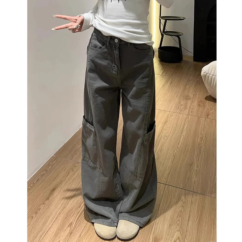 灰色阔腿工装裤女夏季新款胖mm大码宽松梨型身材显瘦直筒牛仔裤子