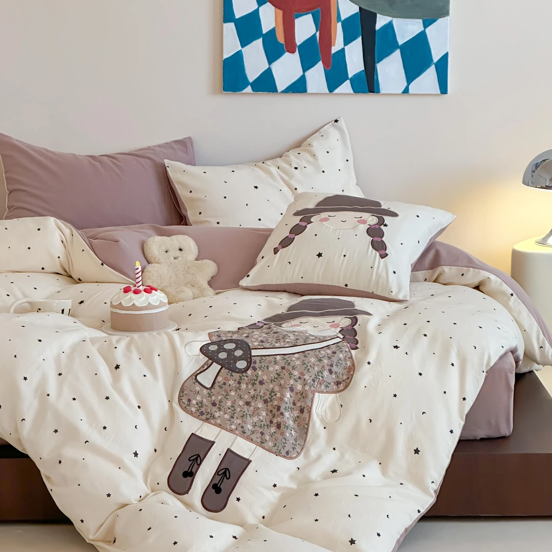 适禾家双层纱印花贴布绣款学生宿舍全棉三件套床单床笠床上四件套