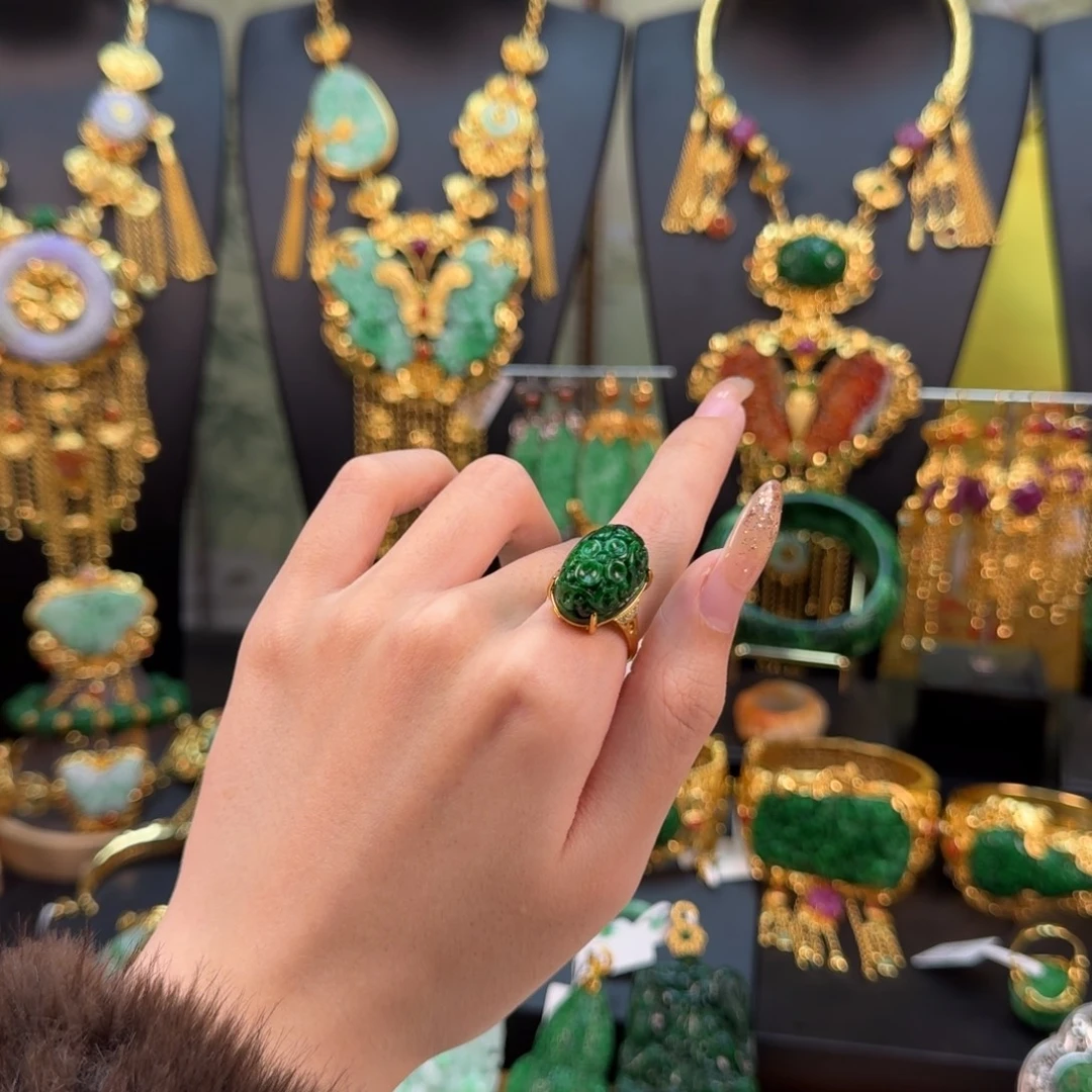 翡翠银S925镀金镶嵌戒指福利花青戒指