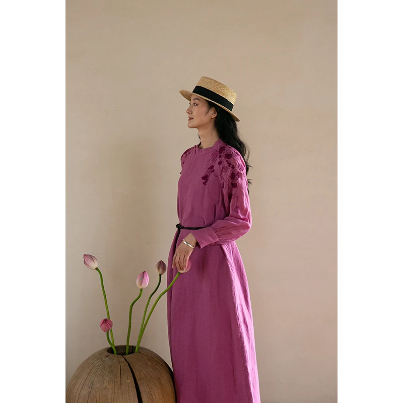 牧衣原创【商场同款】设计高档女装禅意宽松刺绣汉麻连衣裙 画