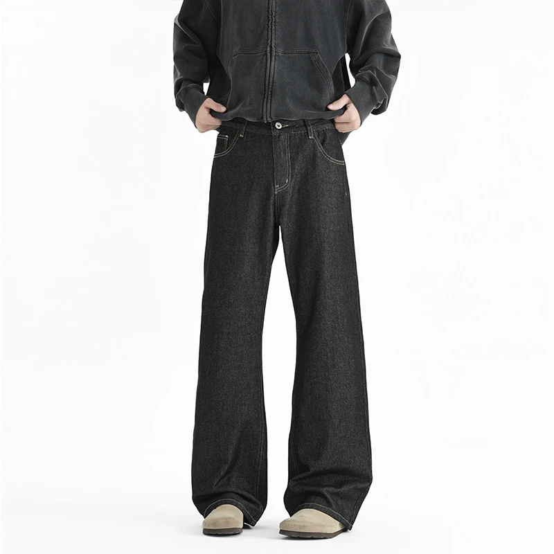 美式cleanfit单宁原牛黑牛仔裤男秋冬加绒显瘦直筒裤高街vibe裤子