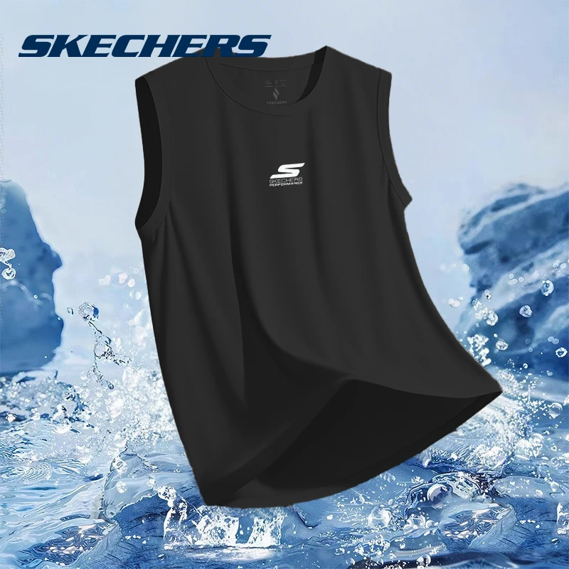 斯凯奇黑背心男2025夏季冰丝无袖t恤宽松坎肩运动健身篮球训练服