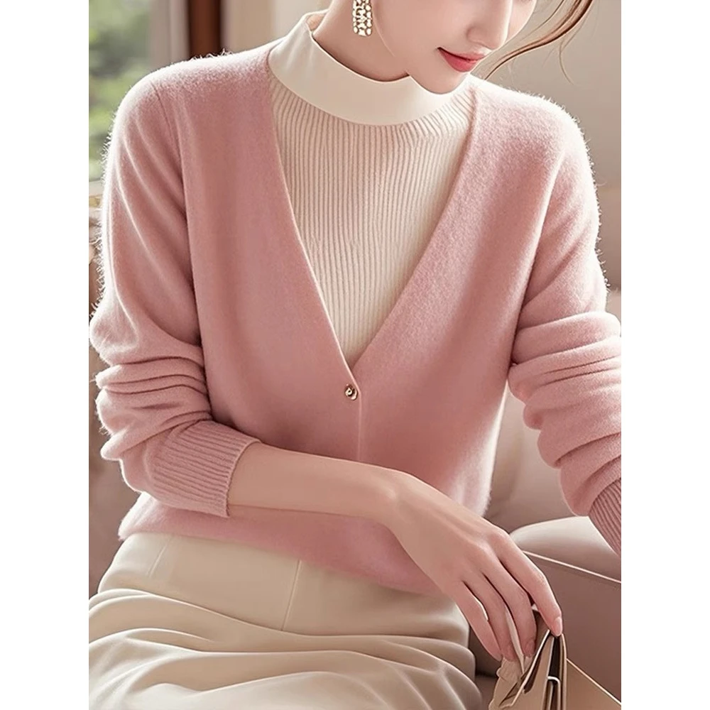 2024新款欧货慵懒风上衣设计感宽松韩系纯色V领女款冬季