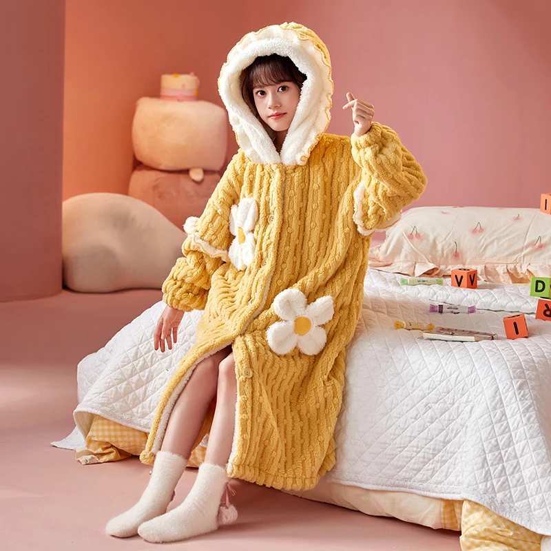 女童睡袍法兰绒儿童睡衣女孩加厚长款秋冬季女童珊瑚绒浴袍家居服