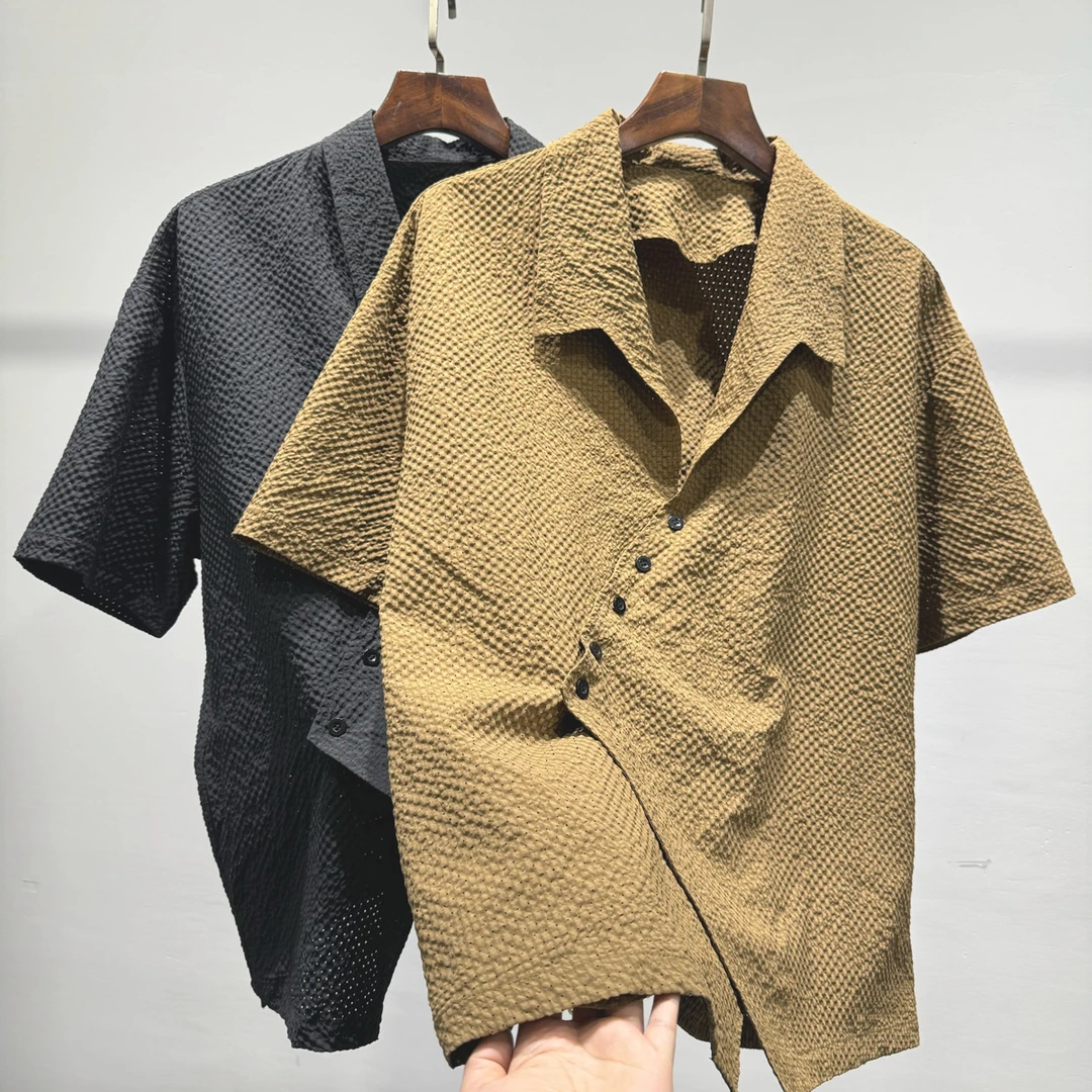 个性时尚潮流不规则设计感短袖衬衫男士夏季镂空舒适透气宽松上衣