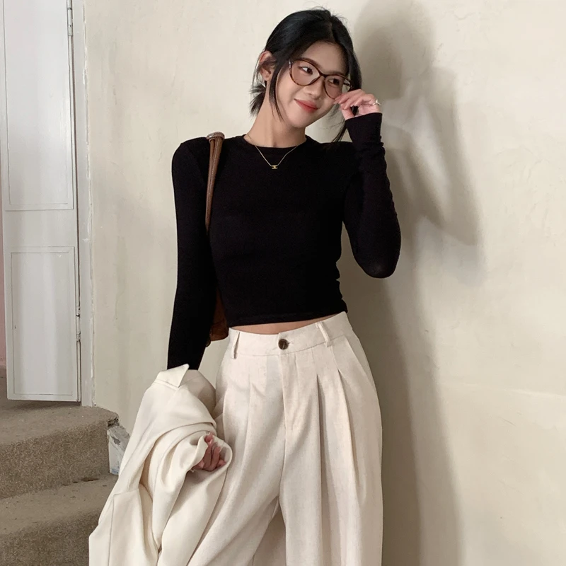 2025春秋冬季高腰短款打底衫恤正肩紧身螺纹棉长袖漏肚脐辣妹上衣