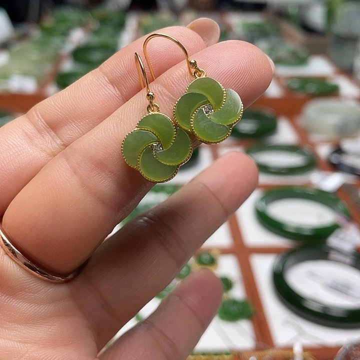 银S925镶嵌和田玉（碧玉）耳饰