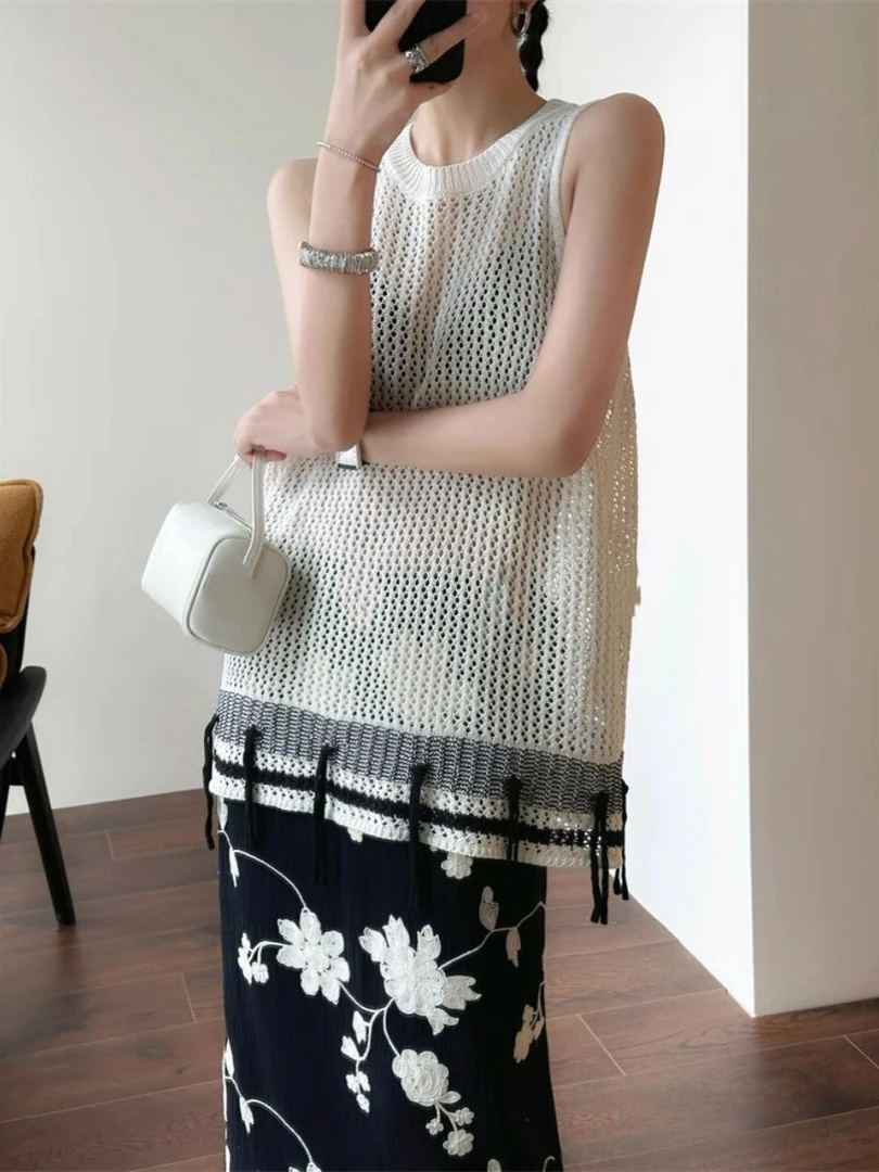 设计感小众镂空针织马甲背心女2025夏季新款撞色手工流苏无袖5167