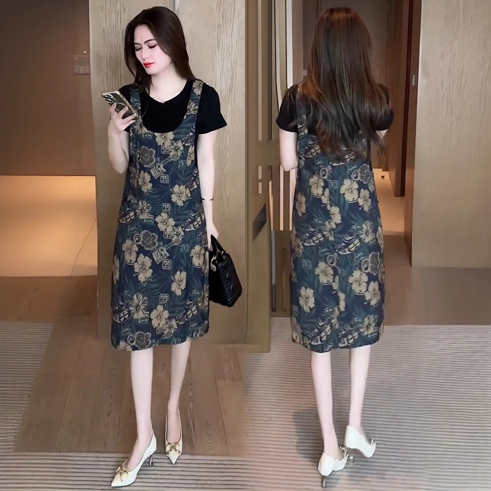 时尚洋气假两件拼接碎花连衣裙女夏季新款胖mm宽松显瘦大码背带裙