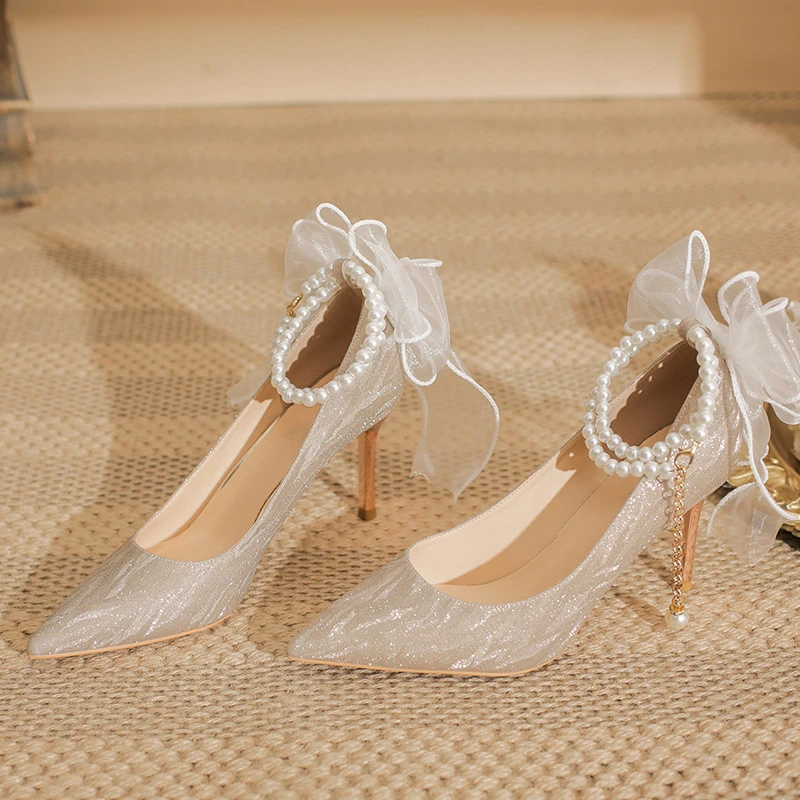 【爆款】2024年新款银色高跟鞋女细跟水钻鞋蝴蝶结成人礼物宴会性感