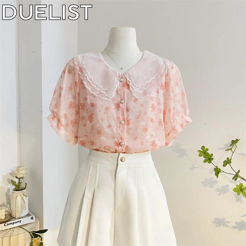 DUELIST粉色碎花雪纺衫减龄花边娃娃领短袖衬衫女夏甜美小衫上衣