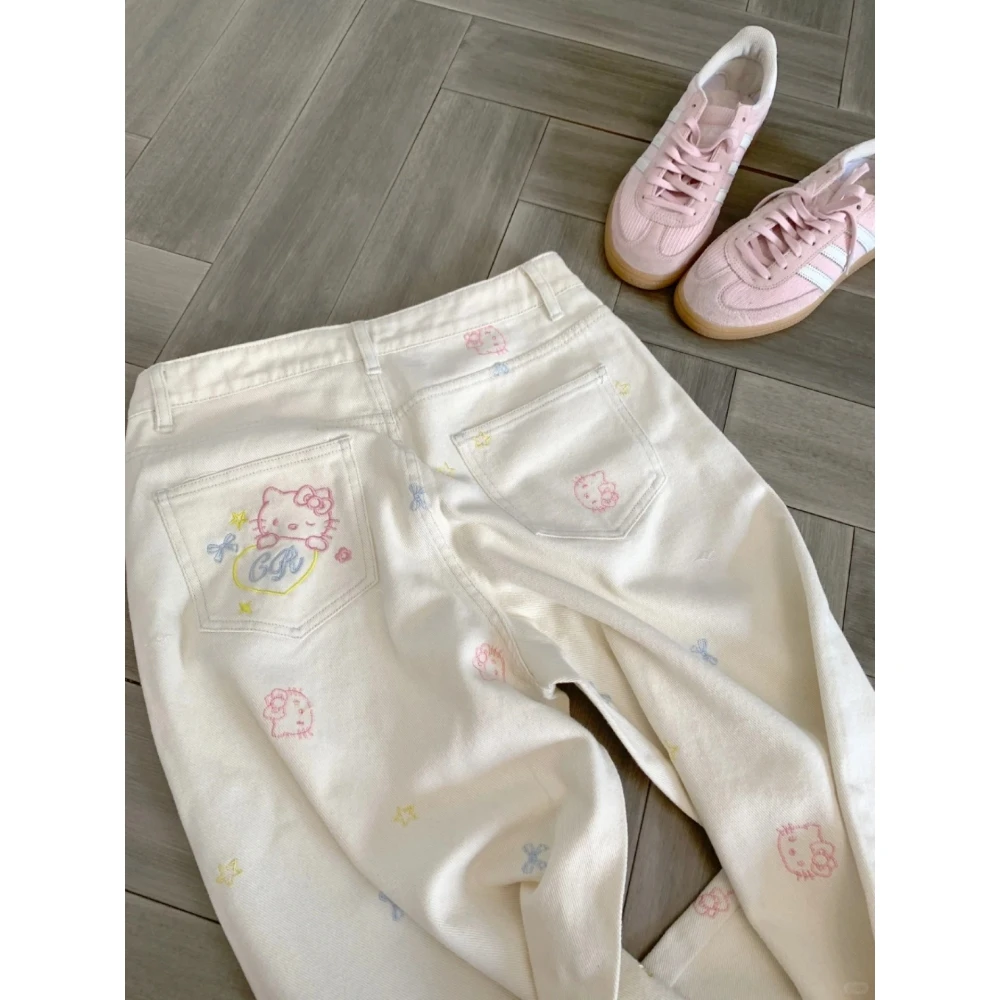 大码美式复古设计感休闲裤女春季高腰显瘦HelloKitty刺绣牛仔裤子