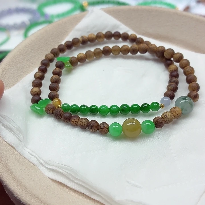翡翠18K金镶嵌手链天然缅甸翡翠A货DIY沉香