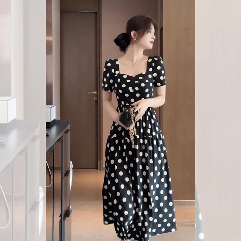 法式黑色波点连衣裙女夏季2025新款气质名媛高端女神范收腰长裙子