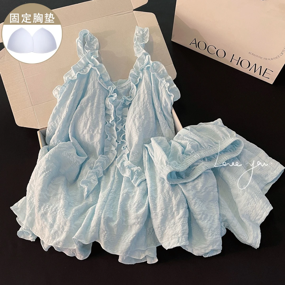夏天清新蓝色睡衣女生新款带胸垫性感吊带韩系网红ins家居服套装