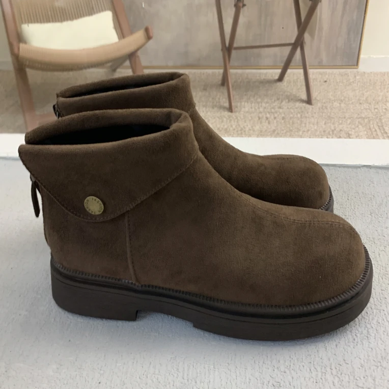 磨砂百搭学院风新款平跟棕色厚底手工女士拉链短靴粗跟内里加绒