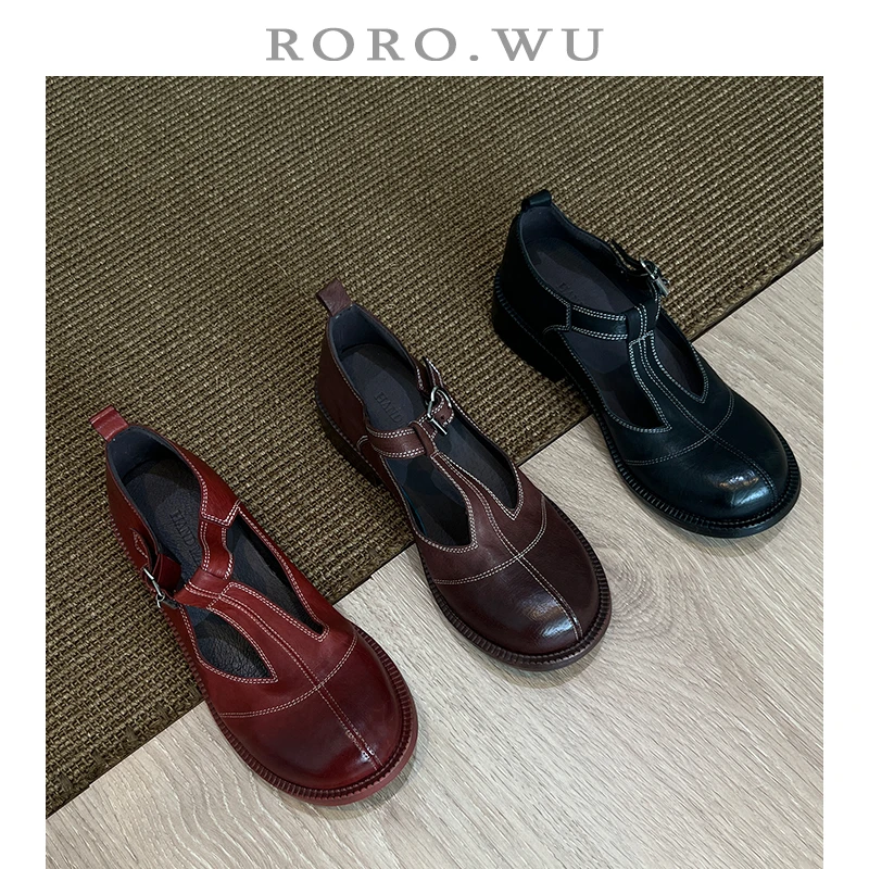 娆娆吴·水洗马皮复古丁字扣简约英伦粗跟百搭日常通勤单鞋D717