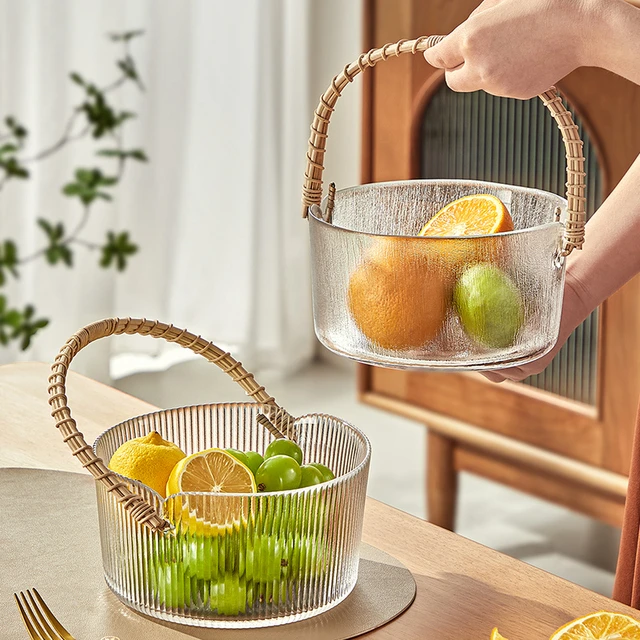 雅港玻璃水果盘藤编家用客厅精致创意提篮高级感茶几点心收纳盘子