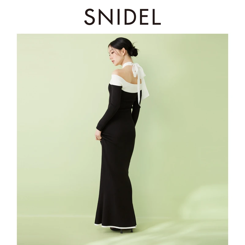 SNIDEL2025新品优雅挂脖蝴蝶结系带露肩针织连衣裙SWNO251064