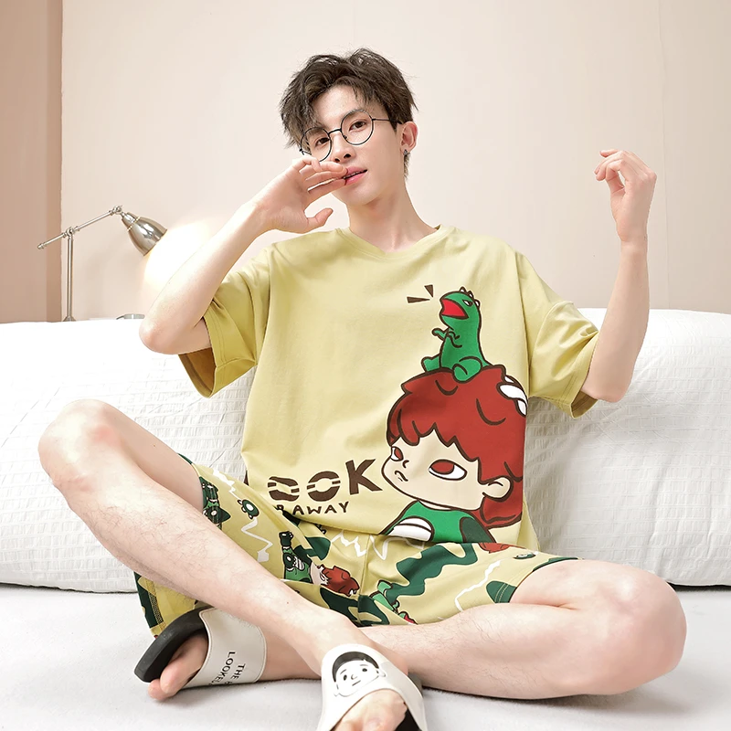 男士睡衣夏季纯棉短袖卡通圆领青少年薄款学生全棉夏天家居服套装