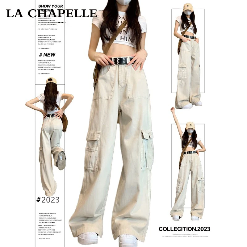 拉夏贝尔白色美式工装裤女酷飒风2025新款加绒秋冬小个子阔腿裤子