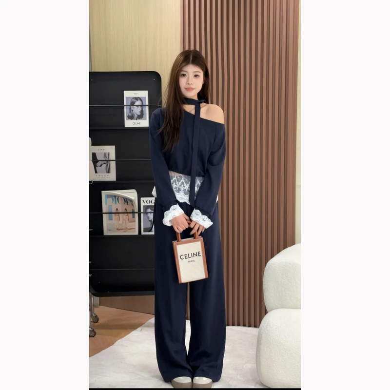 2507-韩系露肩长袖拼接蕾丝飘带上衣高腰显瘦阔腿裤气质卫衣套装