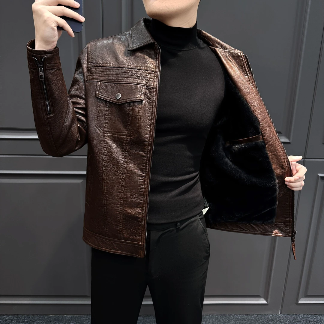 加绒皮衣外套男款爆款2025新款痞帅机车感男装修身保暖男士皮夹克