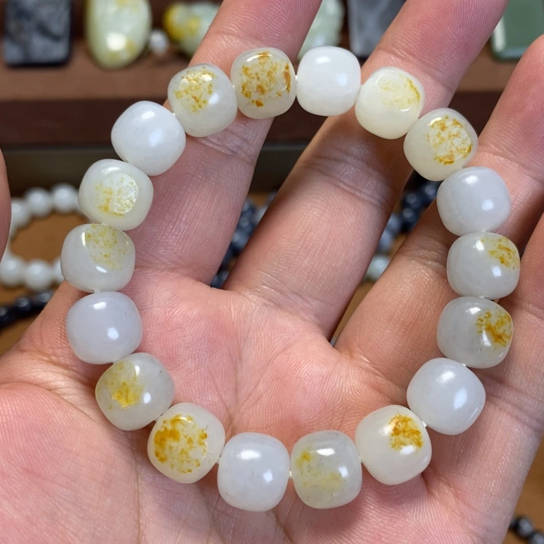 和田玉未镶嵌手串新疆和田玉青花点墨洒金皮11×12老型珠手串