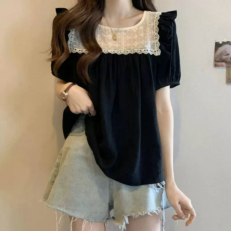 ～韩系蕾丝拼接荷叶边短袖衬衫女夏大码流行遮肚子小衫上衣