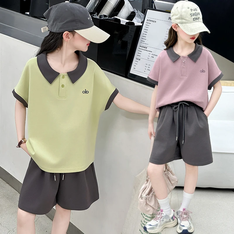 夏季女童套装洋气韩版中大童网红休闲女孩翻领短袖两件套时尚