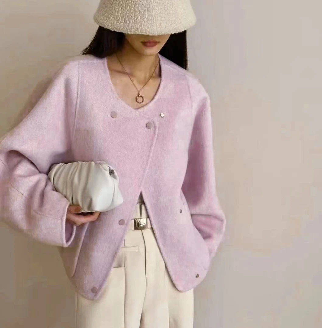 24383今年流行超好看毛呢外套冬季新款小个子杏色短款双面呢大衣