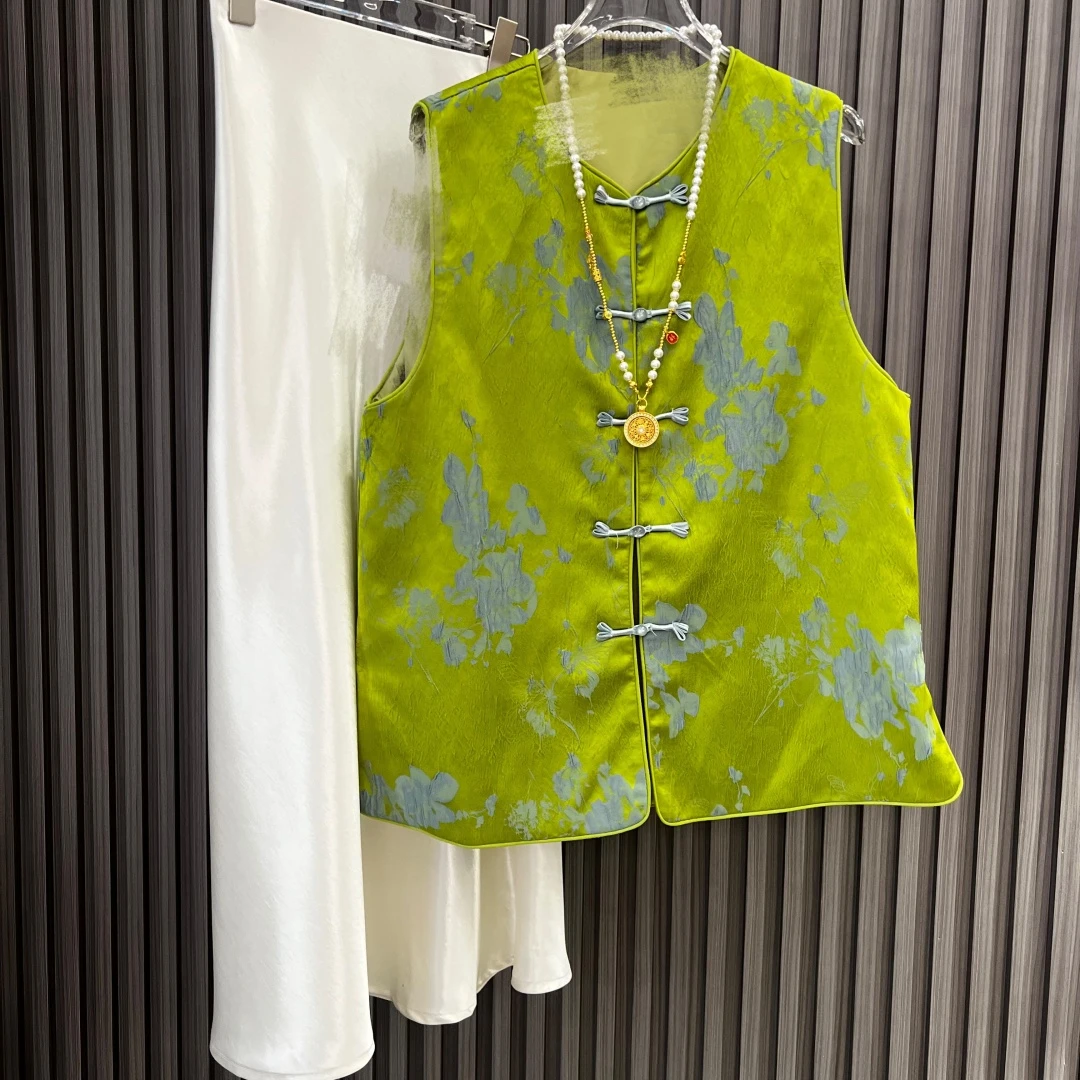 【玉石绿】国风新中式女款复古大码马夹常规款宽松型中长款夏季绿色