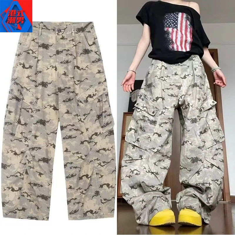 美式弯刀迷彩牛仔裤男春秋季宽松复古直筒工装裤男潮牌高街阔腿裤