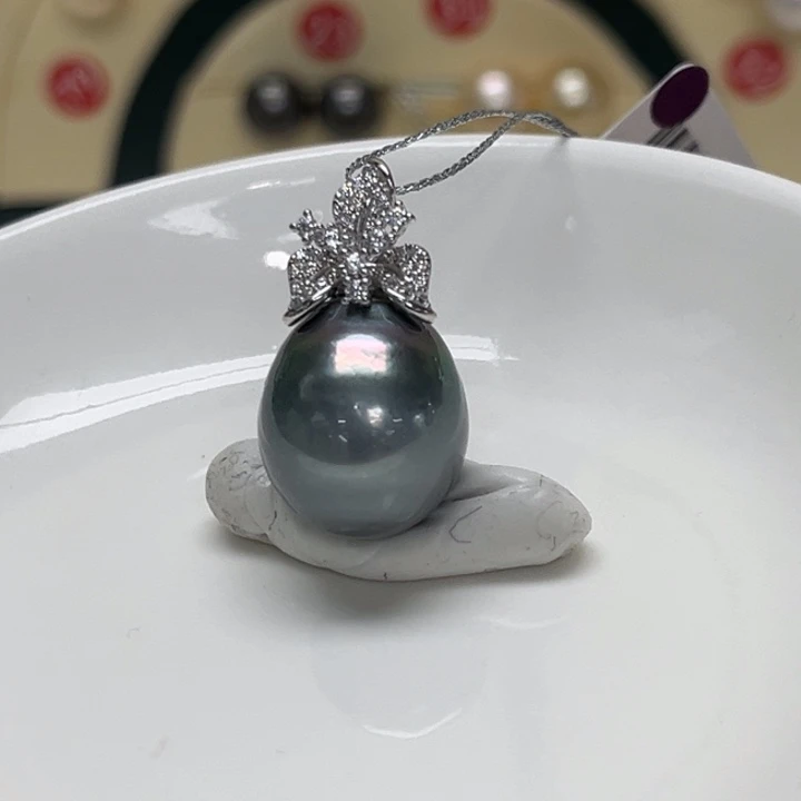 银S925镶嵌海水珍珠颈饰大溪地 14-15mm 142号