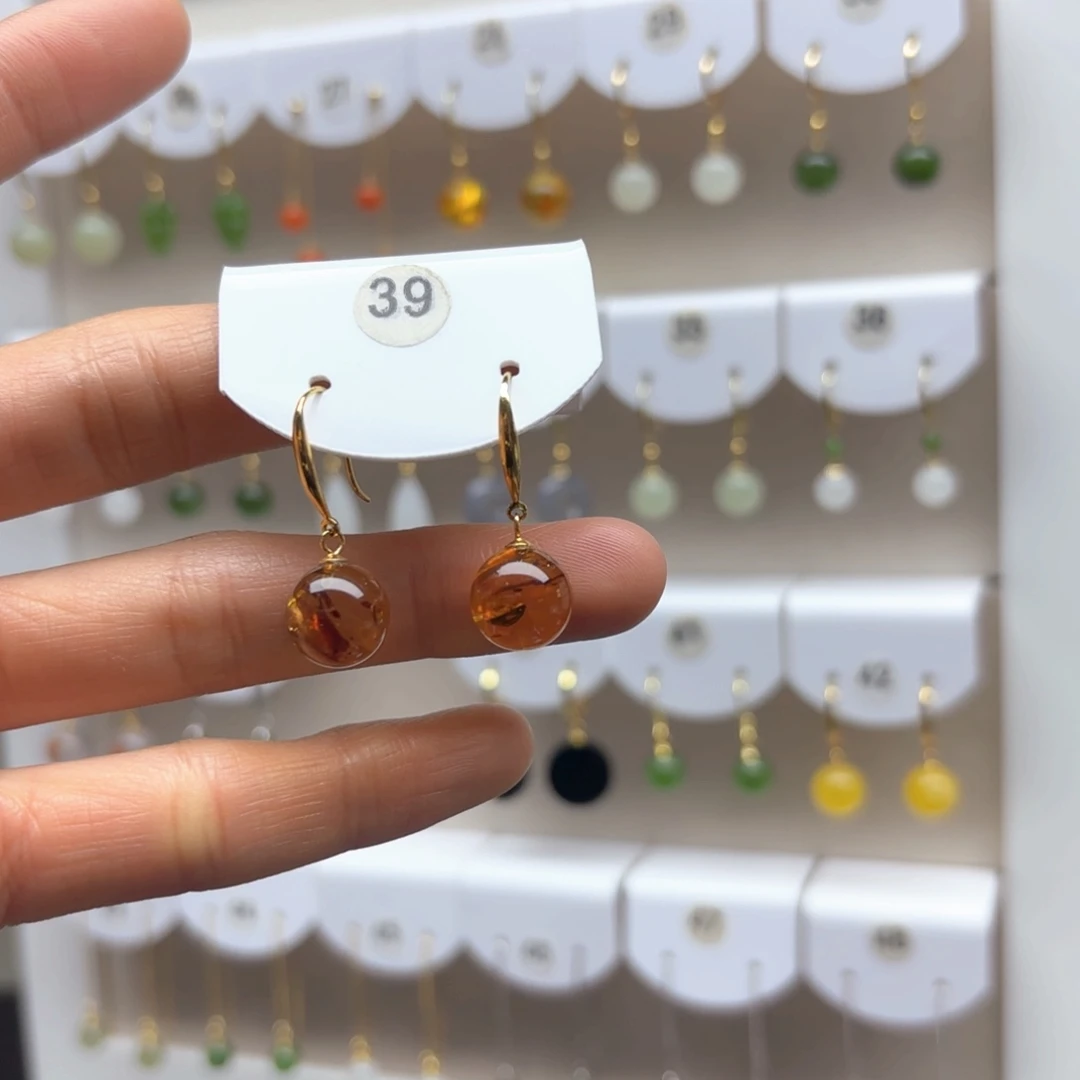 琥珀耳饰银S925镶嵌花珀