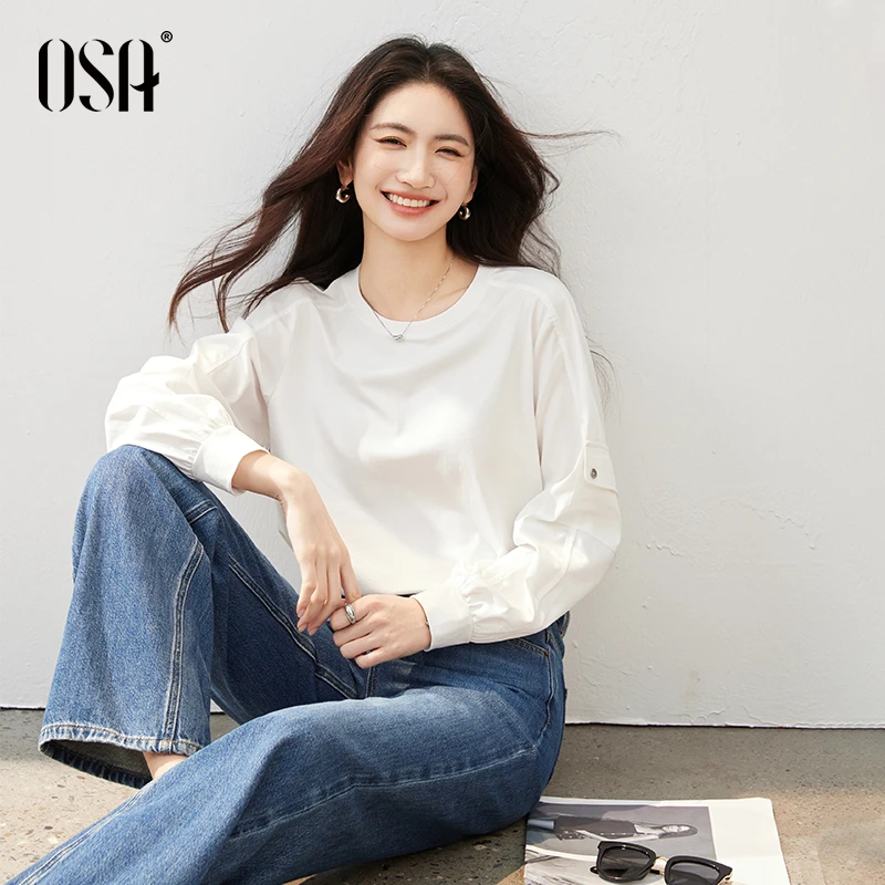OSA基础白色长袖T恤女秋季新款休闲宽松圆领打底衫上衣S125C11016