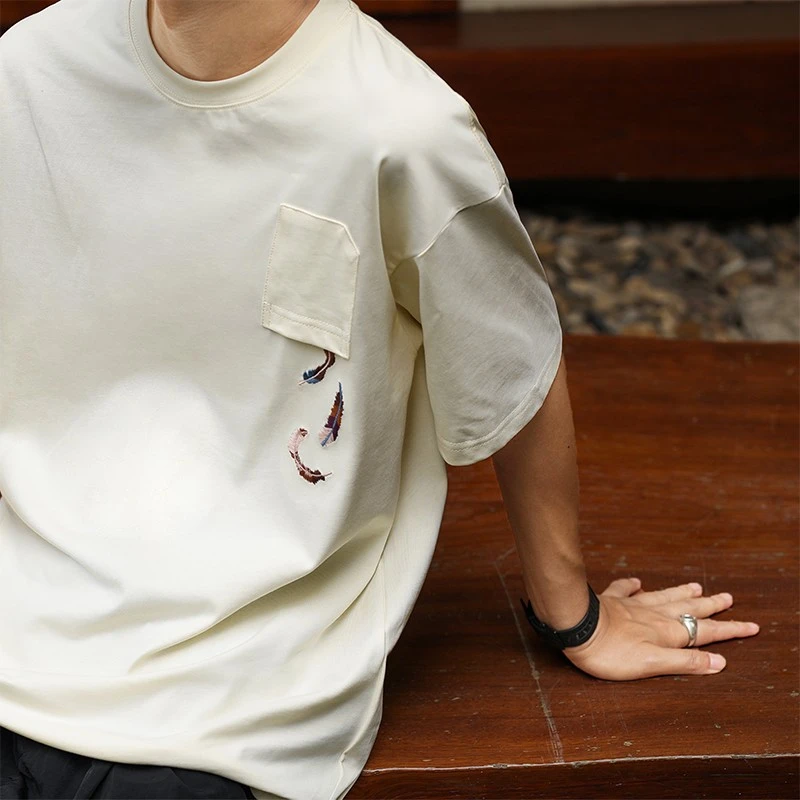 260g高密羽毛刺绣美式复古夏季倒口袋男女休闲短袖T恤潮牌情侣