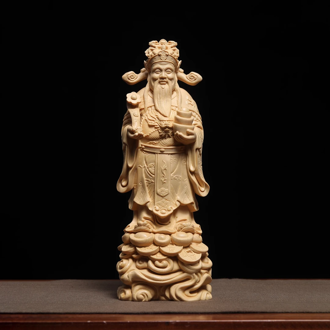 正宗桧木精雕如意元宝财神爷招财摆件家居装饰品实木工艺品开业
