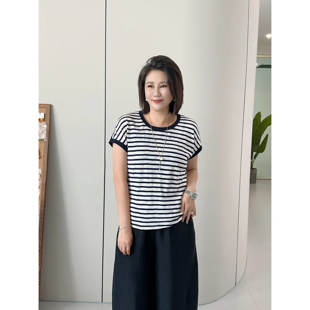微胖女装【条纹日志】新款夏季爆款上衣条纹T恤短袖竹节麻感988