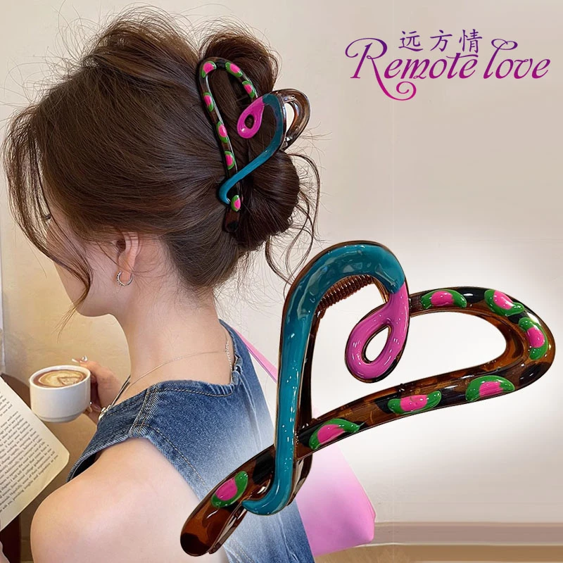 remote love/远方情设计感爱心撞色抓夹气质鲨鱼夹洋气发饰T2592